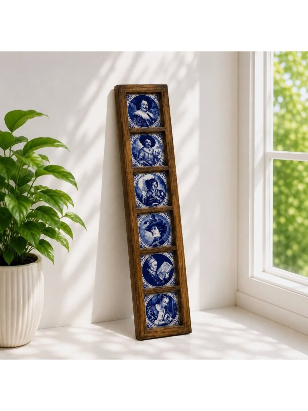 Framed Blue & White Delft Tile Art Featuring Historical Portraits 6-Piece Set Wo